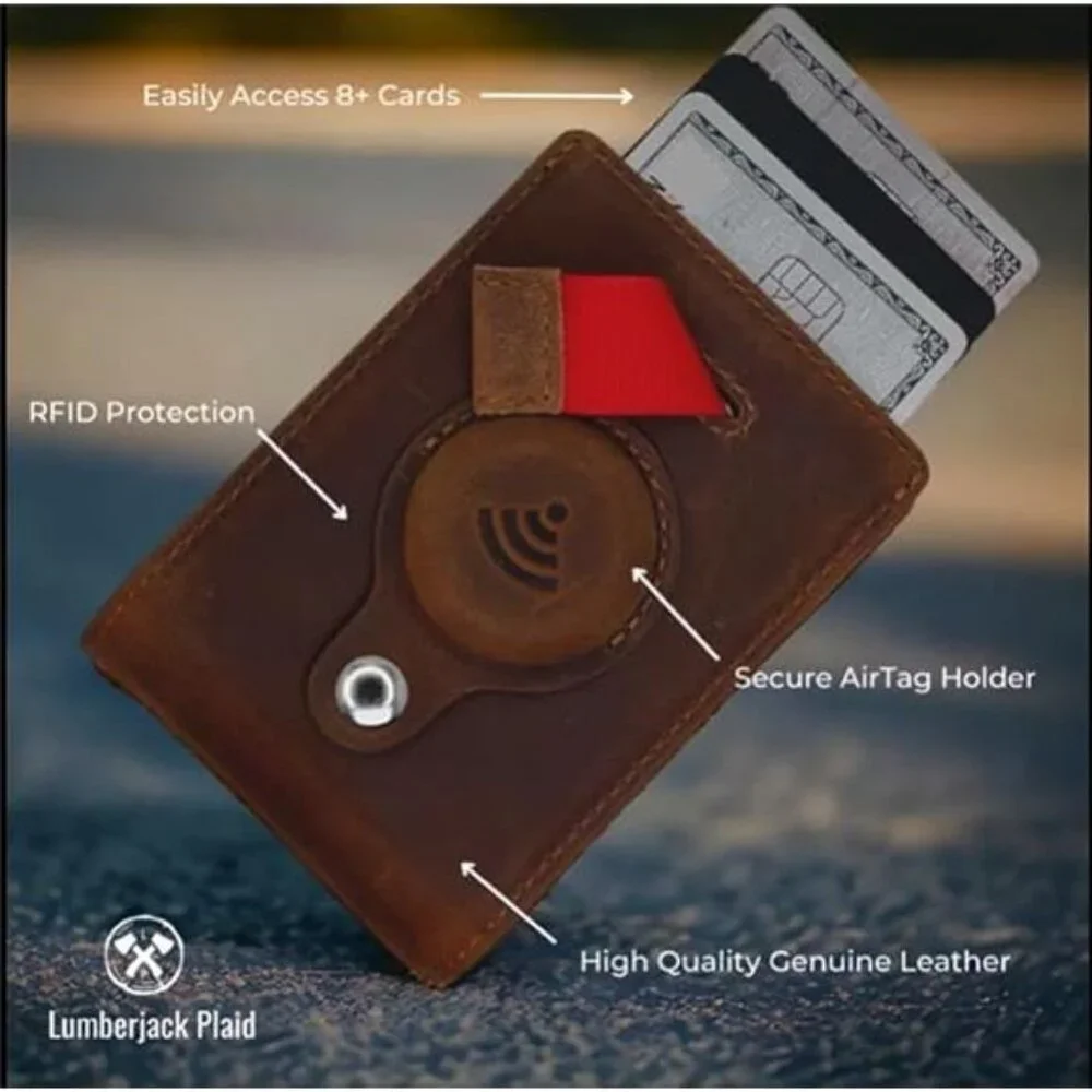 Genuine Leather Airtag Wallet | Credit Card Bifold Wallet for Apple Air Tag GPS